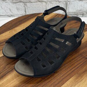 Mephisto Air Relax Womens 7/38 Black Leather Trapezoid Wedge Comfort Sandals